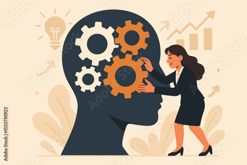 Businesswoman assembling gears in human head, concept of mindset improvement, innovative thinking, leadership, business strategy, teamwork, corporate growth, creativity, vector illustration