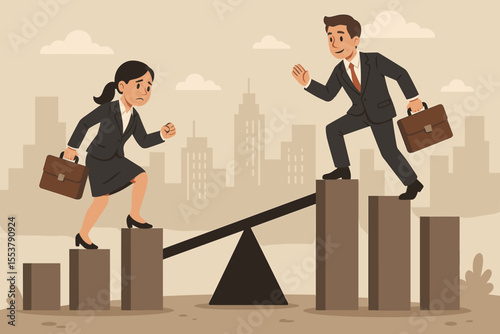 Gender inequality in business career advancement. Male and female businesspeople on unequal bar chart and seesaw. Workplace discrimination, glass ceiling, unfair opportunity, corporate ladder concept