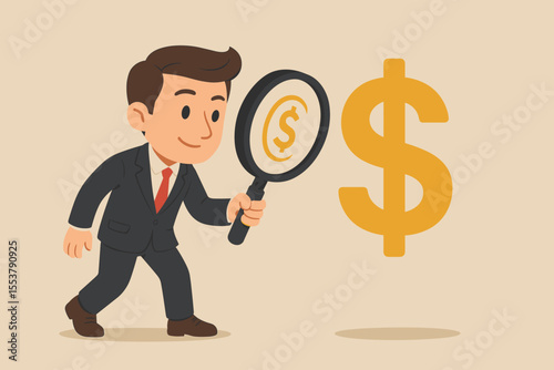 Cartoon businessman in suit holding magnifying glass analyzing large dollar sign, financial search, investment opportunity, money investigation, finance strategy, business success concept vector