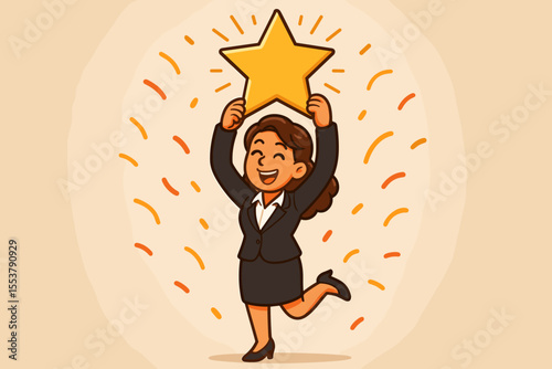 Successful businesswoman cartoon holding large golden star, celebrating achievement, recognition, reward, career success, motivation, leadership, professional accomplishment, vector illustration
