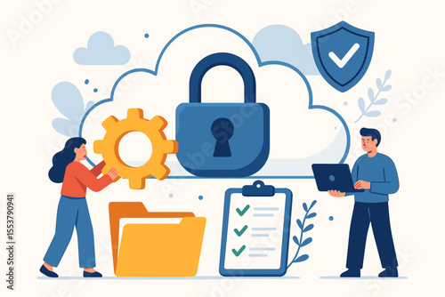 Cloud security data protection privacy concept. Cartoon vector illustration of secure cloud storage, cyber security settings, privacy shield, data folder, checklist, padlock, teamwork, technology