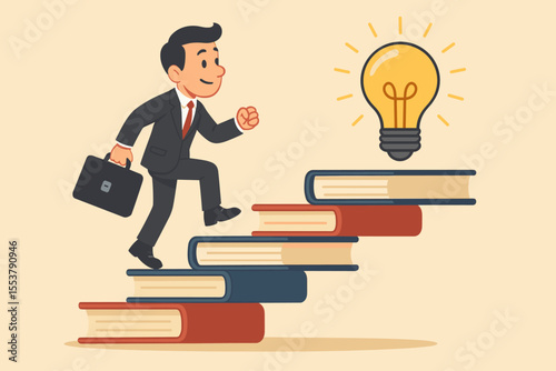 Businessman Climbing Book Staircase Toward Light Bulb of Knowledge and Success. Education Growth Concept. Career Development, Learning, Innovation, Achievement, Motivation. Vector Illustration