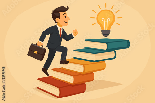 Ambitious businessman climbing staircase of books toward glowing light bulb, symbolizing knowledge, education, career growth, innovation, learning, success, professional development, creative ideas