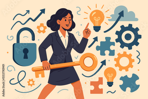 Businesswoman holding key unlocking success, solving complex business challenges, innovation, creative ideas, leadership, growth strategy, teamwork, vector illustration, business concept