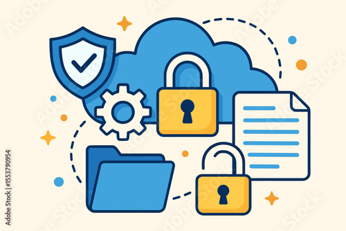 Cloud security data protection privacy concept. Secure file folder, document, padlock, shield, gear, cloud computing. Cybersecurity settings, information safety, cartoon vector illustration