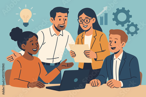 Diverse business team collaboration and innovation concept. Office teamwork brainstorming, creative idea sharing, project planning, growth strategy, leadership, vector illustration, workplace success