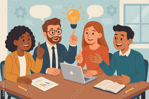 Diverse business team brainstorming creative ideas, collaborating on project development, teamwork discussion, innovation strategy, corporate meeting, collective thinking, office workspace