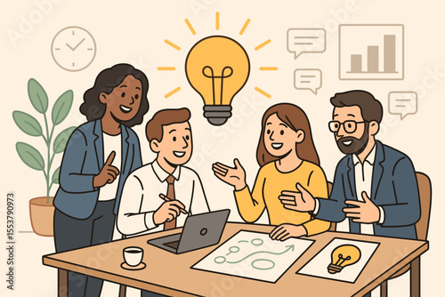 Diverse business team brainstorming, sharing creative ideas, collaborating on project development, fostering teamwork, innovation, collective thinking, office meeting, corporate strategy, planning