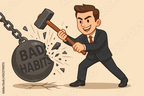 Determined businessman smashing heavy chained wrecking ball labeled bad habits with sledgehammer. Breaking addiction, overcoming obstacles, self improvement, motivation, personal growth concept