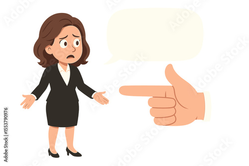Businesswoman Ignored by Large Pointing Hand, Communication Barriers Concept, Speech Bubble, Workplace Disregard, Vector Cartoon Illustration, Office Conflict, Gender Bias, No Text