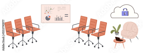 Office chairs arranged for discussion, data chart presentation on wall, cloud security lock icon, cozy seating with a plant and laptop. Ideal for office work, security, analytics, teamwork