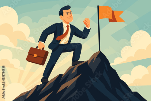 Ambitious Businessman Reaching Mountain Peak Success, Climbing Career Ladder, Overcoming Challenges, Achieving Goals, Leadership, Motivation, Determination, Vector Illustration, Sunrise Background