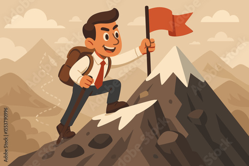 Ambitious Businessman Climbing Mountain Peak, Reaching Success, Overcoming Challenges, Achieving Goals, Leadership, Motivation, Determination, Adventure, Vector Cartoon Illustration