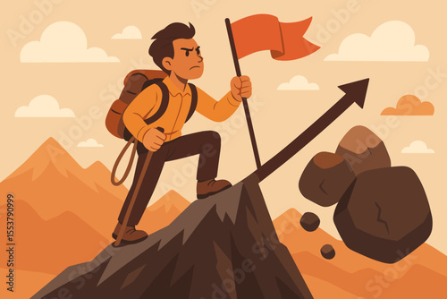 Determined Hiker Reaches Mountain Summit Overcoming Obstacles, Success Achievement Concept, Motivation, Personal Growth, Ambition, Climbing Challenge, Vector Illustration, Outdoor Adventure