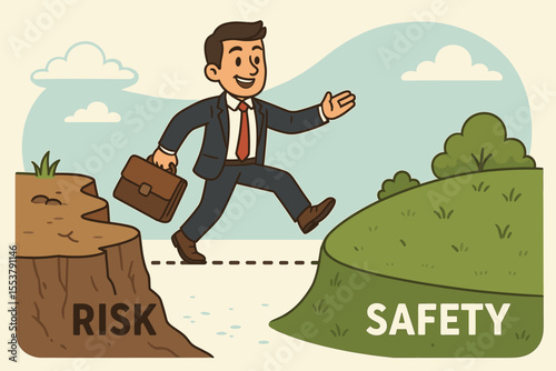 Businessman Leaping From Risk to Safety Concept. Vector Illustration of Career Change, Overcoming Challenges, Success, Opportunity, Growth, Transition, Moving Forward, Business Decision Metaphor