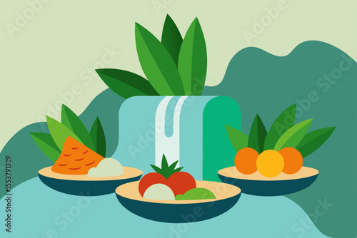 organic produce on palm leaf plates by waterfall