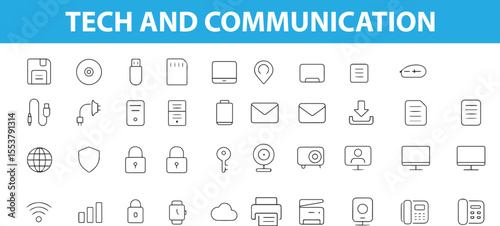 Tech and Communication Line Icons,  Smartphone, Email, Wi-Fi, Laptop, Video Call, Satellite, Cloud, Chat, and More , Editable Formats: AI, EPS, JPG, PNG, Ideal for Both Digital and Print Use