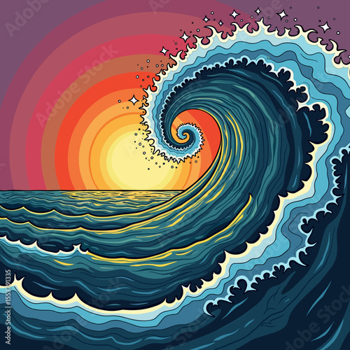 Colorful wave cresting under sunset with vibrant sky backdrop  