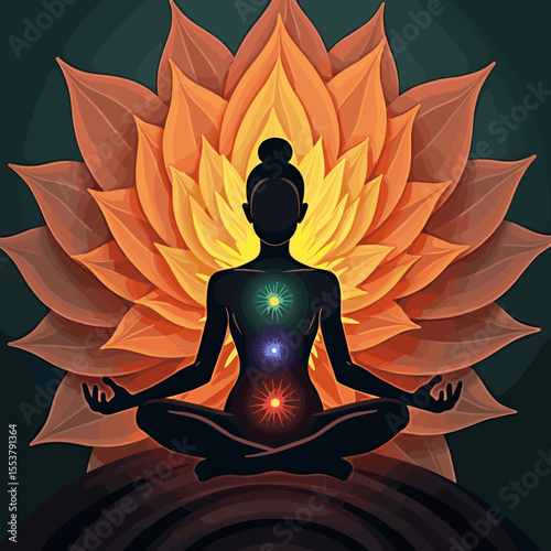Silhouette of a person meditating with chakra symbols and lotus flower  
