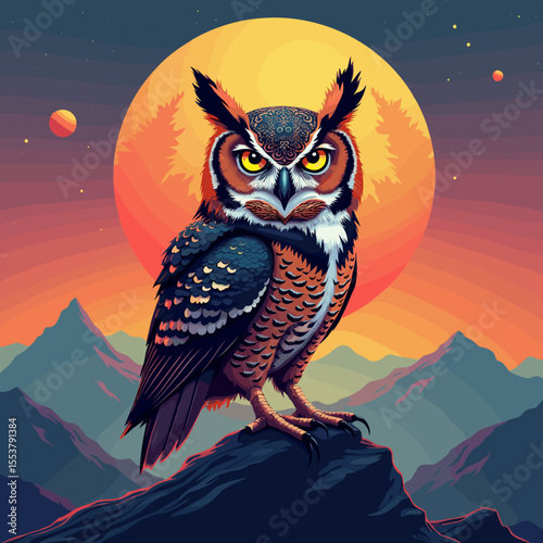 Owl perched on rock with mountains and cosmic sunset background  
