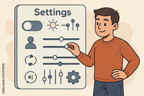 Customizable system settings interface, male user adjusting control panel with sliders, toggles, brightness, audio, user profile, synchronization, gear icon. Vector cartoon illustration UI UX