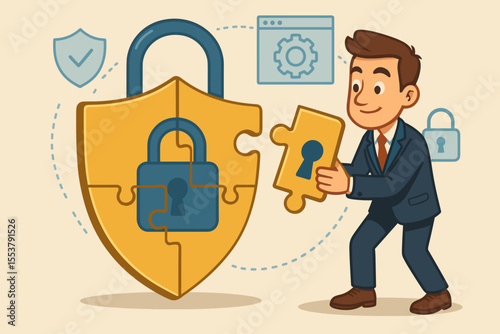 Businessman Solving Cybersecurity Puzzle, Shield and Lock, Data Protection Concept, Security Solution, Information Safety, Corporate Risk Management, Vector Illustration, Digital Privacy