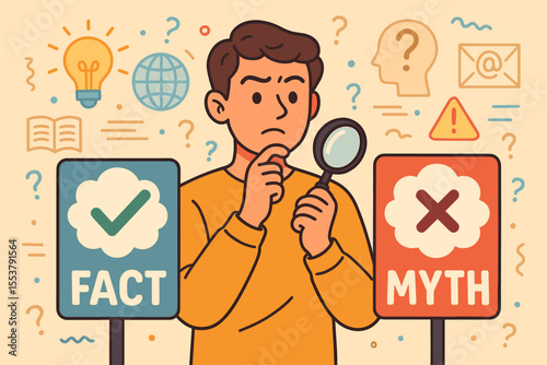 Fact Versus Myth Concept Illustration. Person Holding Magnifying Glass Analyzing Information, Decision Making, Critical Thinking, Truth Versus Falsehood, Knowledge Search, Data Verification, Education