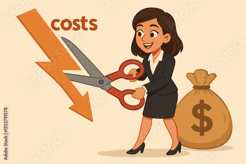 Businesswoman Cutting Costs with Giant Scissors, Reducing Expenses, Saving Money, Financial Efficiency, Budget Optimization, Cost Control, Money Bag, Economic Strategy, Vector Illustration