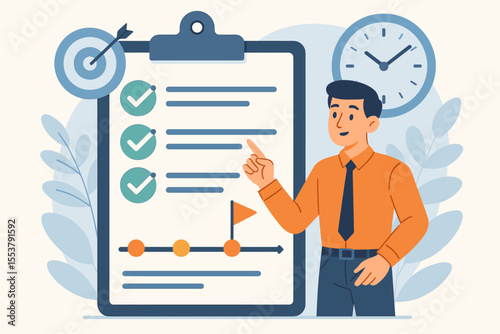 Project management success concept. Businessman pointing at checklist on clipboard. Achieving goals, tracking progress, time management, productivity, workflow planning. Vector illustration