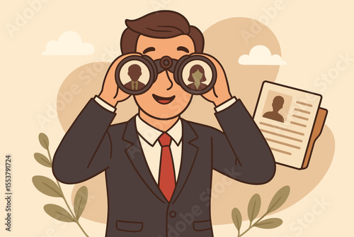 Human resources manager searching for job candidates with binoculars. Recruitment process, talent acquisition, headhunting, HR professional, employee selection, career opportunity concept illustration