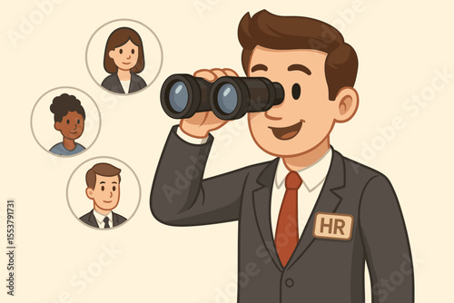 Human resources manager searching for diverse job candidates with binoculars. Recruitment process concept. Cartoon business illustration. Talent acquisition, headhunting, employee selection, HR vector