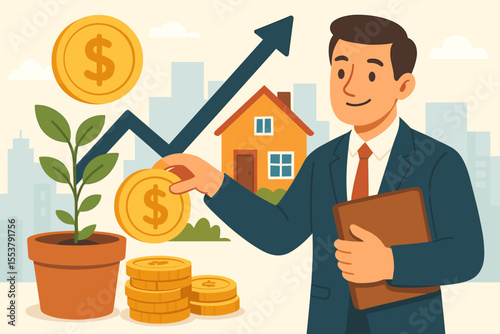 Real estate investment growth concept. Businessman with coins, money plant, house, upward arrow. Financial security, wealth building, property market, savings, investment strategy, urban background