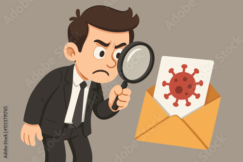 Cartoon businessman investigating suspicious email virus threat with magnifying glass. Cybersecurity concept. Phishing scam detection. Malware alert. Online fraud prevention. Vector illustration