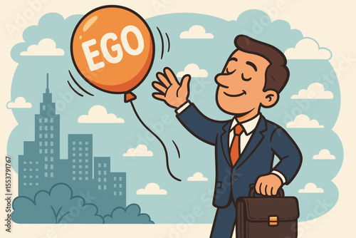 Businessman Letting Go of Ego Balloon Concept, Leadership Success, Humility in Business, Personal Growth, Corporate Mindset, Cartoon Vector Illustration, Cityscape Background, Motivation