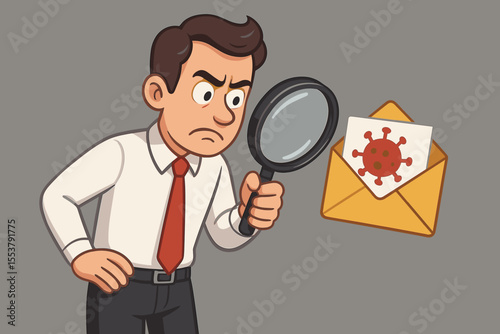 Cartoon businessman investigating suspicious email virus threat with magnifying glass. Cybersecurity concept, phishing scam detection, malware warning, digital safety, data protection illustration