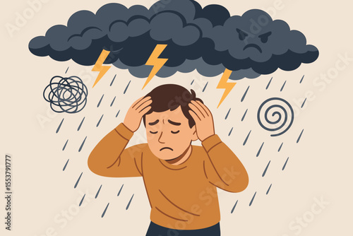 Sad man under storm cloud with lightning, rain, and angry face symbolizing depression, anxiety, mental health crisis, emotional stress, mood disorder, psychological pressure, vector illustration