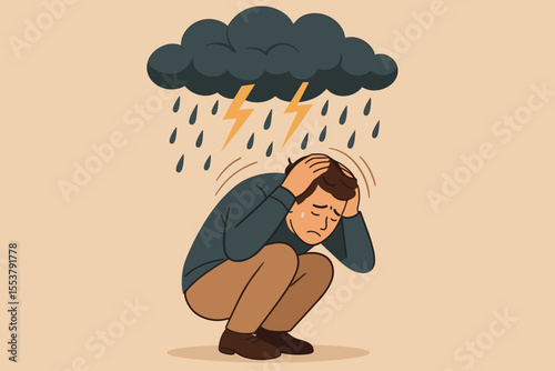 Depressed man shielding head from thunderstorm cloud. Anxiety, stress, mental health crisis, sadness, emotional pain. Vector cartoon illustration of psychological disorder, depression, burnout concept