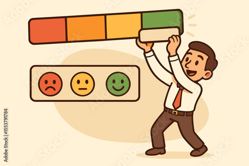 Cartoon businessman lifting customer feedback bar to achieve excellent rating, user satisfaction, positive reviews, happy smiley face, quality service, business success, vector illustration