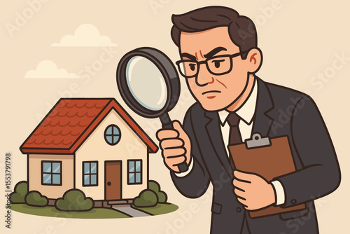 Real estate appraiser inspecting house value with magnifying glass, property assessment, home evaluation, market price analysis, cartoon vector illustration, realty inspection concept