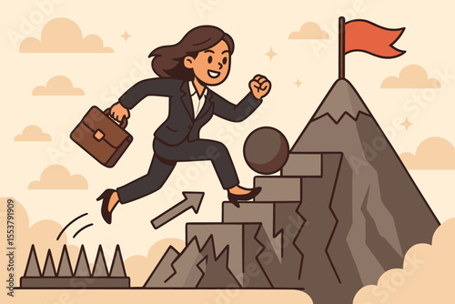 Businesswoman overcoming challenges on her career path. Metaphor for ambition, motivation, leadership, and success. Woman runs up mountain stairs to reach the goal, a flag at the peak.