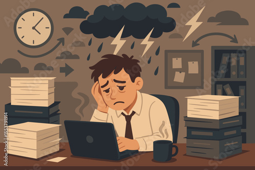 Overworked employee burnout concept. Stressed man under storm cloud metaphor for depression, anxiety. Sad office worker at desk with paperwork overload. Professional exhaustion.