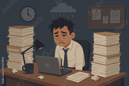 Overworked employee suffering from burnout and stress. Sad cartoon man feeling depressed and exhausted at his office desk late at night. Mental health in a toxic work environment.