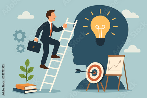 Personal growth and self-improvement concept. Businessman climbing a career ladder to success. Metaphor for education, knowledge, goal achievement, and a growth mindset vector.