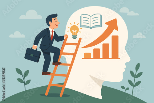 Personal growth and self-improvement vector concept. Businessman climbing a ladder to success. Career development, education, training, and a growth mindset to reach full potential.