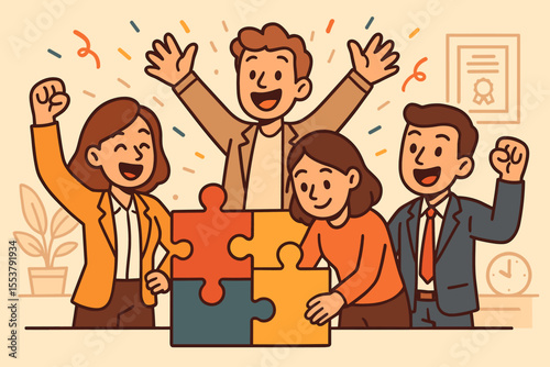 Successful teamwork assembling a puzzle, celebrating project completion, business achievement, problem-solving victory, and collaborative success.