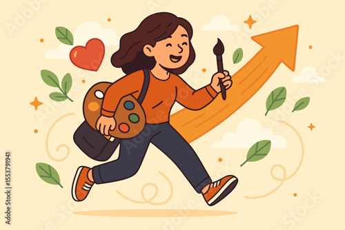 Young Female Artist Running with Paintbrush and Palette, Pursuing Passionate Creative Career, Heart and Growth Concept, Vector Cartoon Illustration of Artistic Ambition and Success