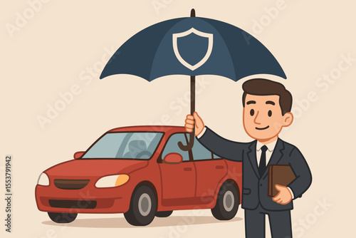 Car insurance agent protecting vehicle with umbrella shield. Auto safety, coverage, and protection concept. Security against accidents and risks. Flat vector cartoon illustration.