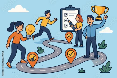 Business Project Roadmap, Task Tracking, Achievement, Milestones. Work Process Management, Success Strategy, Goal Planning, Team Progress Cartoon Vector Illustration.