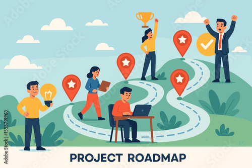 Project roadmap concept showing business process from idea to success. Teamwork on a career path with milestones. Development, planning and achievement vector illustration.