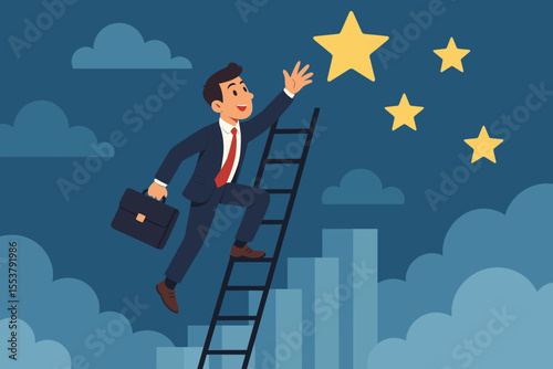 Reaching for the stars business concept. Ambitious cartoon businessman climbing a corporate ladder to success. Career goal achievement and professional growth metaphor. Vector illustration.